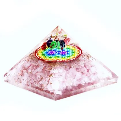 Orgonit-Pyramide – Rosenquarz Regenbogen Blume des Lebens – 7 cm