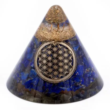 Orgonit-Kegel – Lapislazuli Blume des Lebens mit schwebendem Quarz – 9 cm