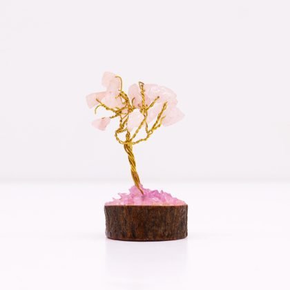 Mini-Edelsteinbaum auf Holz-Basis – Rosenquarz (15 Steine)