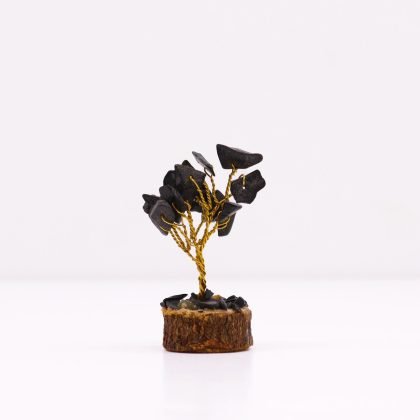 Mini-Edelsteinbaum auf Holz-Basis – Schwarzer Achat (15 Steine)