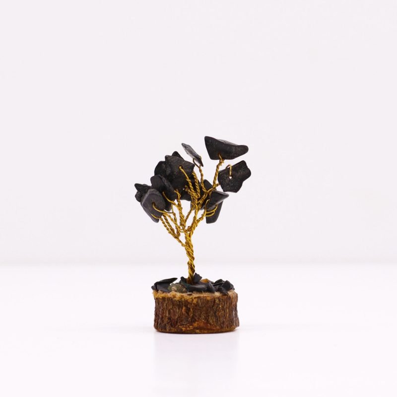 Mini-Edelsteinbaum auf Holz-Basis – Schwarzer Achat (15 Steine)
