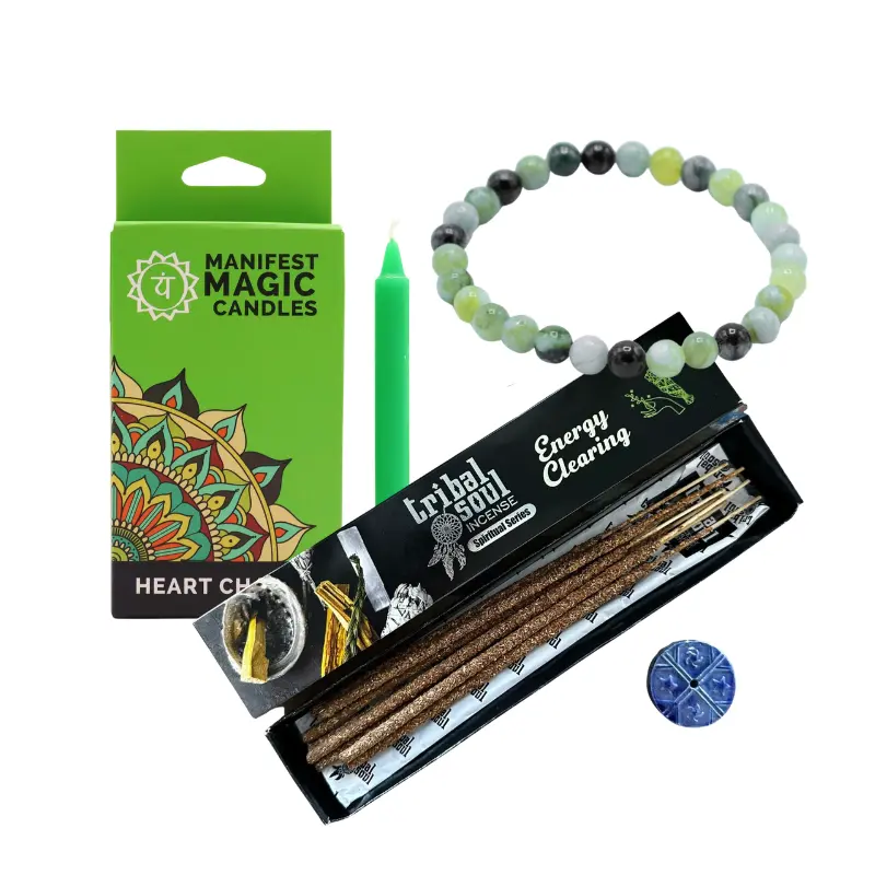 Herzheilung Bundle – Manifestationsarmband, Herzchakra Kerzen & Räucherset